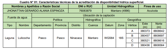 Otorgar, la acreditación de disponibilidad hídrica superficial, con fines acuícolas, categoría de Acuicultura de Micro y Pequeña Empresa (AMYPE), a favor de Jhonattan Gerardo Alania Espinoza, cuyas características técnicas son las siguientes